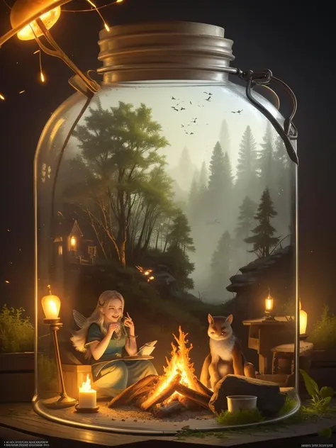 (masterpiece, best quality, realistic), wallpaper, intricate details, official art, artstation, natural lighting, (fantasy forest background), fireflies, foggy, octane render
BREAK
1girl fairy sitting and roast a marshmallow over the campfire, green eyes, laughing, <lyco:bottle_locon_v2m:0.7>, jar, glass bottle, gib\(concept\)