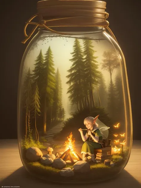 (masterpiece, best quality, realistic), wallpaper, intricate details, official art, artstation, natural lighting, (fantasy forest background), fireflies, foggy, octane render
BREAK
1fairy sitting and roast a marshmallow over the campfire, short elf ears, green eyes, laughing, <lyco:bottle_locon_v2m:0.7>, jar, glass bottle, gib\(concept\)