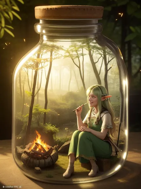 (masterpiece, best quality, realistic), wallpaper, intricate details, official art, artstation, natural lighting, (fantasy forest background), fireflies, foggy, octane render
BREAK
1fairy sitting and roast a marshmallow over the campfire, short elf ears, green eyes, laughing, <lyco:bottle_locon_v2m:0.7>, jar, glass bottle, gib\(concept\)