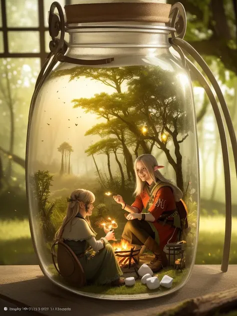 (masterpiece, best quality, realistic), wallpaper, intricate details, official art, artstation, natural lighting, (fantasy forest background), fireflies, foggy, octane render
BREAK
1fairy sitting and roast a marshmallow over the campfire, short elf ears, green eyes, laughing, <lyco:bottle_locon_v2m:0.7>, jar, glass bottle, gib\(concept\)