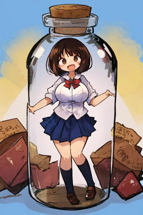 best quality, detailed face, detailed eyes, 1girl, multiple panels BREAK,
(bob cut:1.5), (side parted bangs:1.5), (dark brown hair:1.5), (brown eyes:1.5), short hair, (massive  breasts:1.5), :d, (trembling:1.2),  BREAK,
standing, bored, classroom, school uniform, gib\(concept\), jar, bottle, ((girl in a bottle))
<lora:kaamin [alpha128 3e-5]:1> <lora:bottle_locon_v2m:0.7>