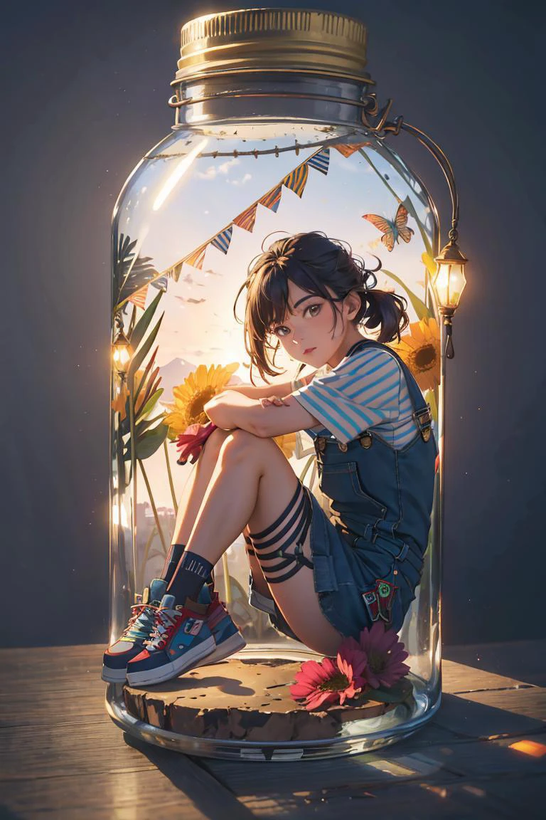 Best quality, masterpiece, ultra high res, (photorealistic:1.4),(zentangle:1.2),classical,Tyndall Effect,light background,vibrant color,
1girl, (anyachalotra:0.8), full body, looking at viewer, corduroy overalls, striped tee, canvas sneakers,, sitting,flowers,
in the dark, deep shadow, low key, glass bottle, grey background, gib\(concept\), <lora:bottle_locon_v2m:0.7>