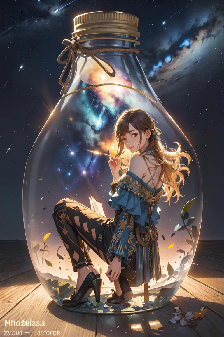 Best quality, masterpiece, ultra high res, (photorealistic:1.4),(zentangle:1.2),classical,Tyndall Effect,light background,vibrant color,
1girl, (anyachalotra:0.8), full body, looking at viewer, tapered pants, oversized blouse, slingback heels, sitting,(night sky, milky way, shooting star),
in the dark, deep shadow, low key, glass bottle, grey background, gib\(concept\), <lora:bottle_locon_v2m:0.7>