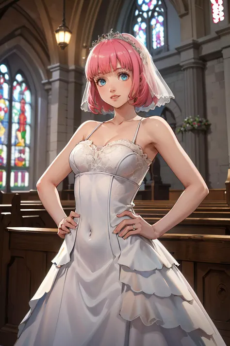 All costumes are white, ((bride:1.5)), (Anime:1.5), ((In Kyoto Animation Style:1.5)), super precision, masterpiece, very extremely beautiful, Princess Face, ((1 girl)), ((Solo:1.5)), ((Pink hair:1.5)), ((BobKat 1.5)), BREAK, ((Black eyes)), Latex, Short hair, ((Straight hair)), BREAK, ((weddingdress)), ((Mini Pleated Skirt)), ((White shiny outfit)),, BREAK, Professional Lighting, (25-years old), Narrow waist, Shiny skin, ((Oiled skin)), glistning skin, ((Looking at Viewer)), ((Cowboy Shot)), Dynamic Pose, is looking at the camera, inside in room, Sexy, A slight smil, Slightly open mouth, ((Cute)), ((Hands behind your back)), Ultra-fine eyes, Ultra-fine face, ((thin lips:1.5)), Sexy, ((medium breasts:1.5)), (kawaii faces), The costume is shiny, white latex,