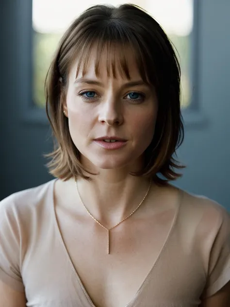 Realistic photo of a beautiful j0d13f-v2 woman, 1girl, solo, looking at viewer, short hair, blue eyes, brown hair, shirt, jewelry, upper body, medium hair, necklace, lips, realistic, soft lighting, professional Photography, Photorealistic, detailed, RAW, analog, sharp focus, 8k, HD, high quality, masterpiece<lora:j0d13f-v2:1.0>