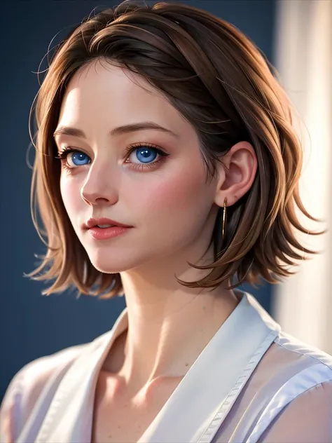 Realistic photo of a beautiful j0d13f-v2 woman, 1girl, solo, looking at viewer, short hair, blue eyes, brown hair, jewelry, closed mouth, earrings, lips, portrait, realistic, nose, soft lighting, professional Photography, Photorealistic, detailed, RAW, analog, sharp focus, 8k, HD, high quality, masterpiece<lora:j0d13f-v2:1.0>