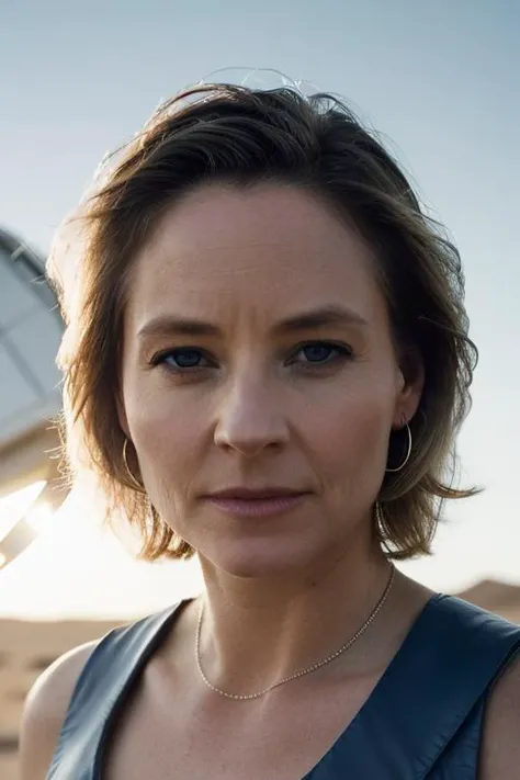 Realistic upper body shot of a science-fiction movie still of a beautiful j0d13f-v2 woman <lora:j0d13f-v2:1.0>, (medium white blonde hair with highlights, middle parted hair, hair pulled back, looking at viewer:1.3), (cinematic multiple huge complex metal static constuction, white futuristic iluminated radio telescope, standing in desert background, dramatic science-fiction movie scene:1.3), scientist, 1girl, solo, blue eyes, closed mouth, earrings, lips, portrait, realistic, nose, soft lighting, professional Photography, Photorealistic, detailed, RAW, analog, sharp focus, 8k, HD, high quality, masterpiece, professional lighting, midday sun,