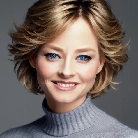 closeup picture, best quality, a sexy 30yo beautiful JFO<lora:JFO:1.0>, short hair, blonde hair, blue eyes, looking at viewer, smile, simple background, grey background, turtle neck sweater, realistic, portrait, makeup, 8k, hdr