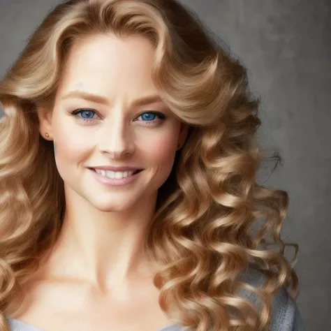 closeup picture, best quality, a sexy beautiful JFO<lora:JFO:1.0>, long hair, curly hair, blonde hair, blue eyes, looking at viewer, smile, simple background, grey background, shirt, realistic, portrait, makeup, 8k, hdr