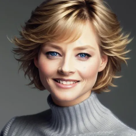 closeup picture, best quality, a sexy 30yo beautiful JFO<lora:JFO:1.0>, short hair, blonde hair, blue eyes, looking at viewer, smile, simple background, grey background, turtle neck sweater, realistic, portrait, makeup, 8k, hdr