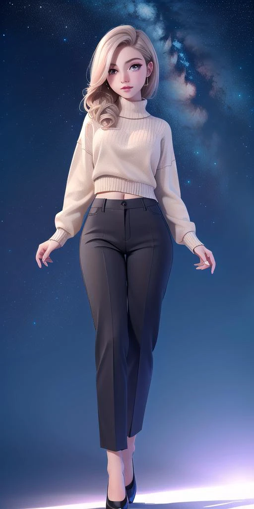 Sexy Toon 1girl, standing, solo, sweater, pants, starry_sky, masterpiece, best_quality, detailed_face, detailed_eyes, highres, beautiful, detailed, absurdres,
