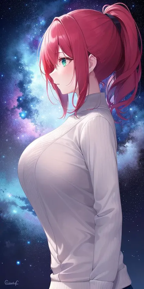 1girl, red_hair, green_eyes, huge_breasts, sweater, solo, upper_body, ponytail, profile, masterpiece, best_quality, detailed_face, detailed_eyes, highres, beautiful, detailed, absurdres, starry_sky,