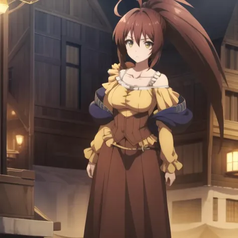 icm-rin, dress, yellow eyes, brown hair, ahoge, long hair, ponytail, brown eyes, collarbone, medium breasts, full body, solo, 1girl, highres, high quality, masterpiece, many details, outdoors <lora:icm-rin-000003:0.9>