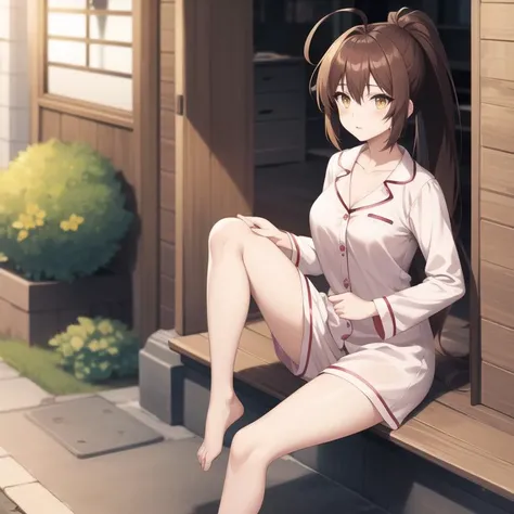 icm-rin, pajamas, yellow eyes, brown hair, ahoge, long hair, ponytail, brown eyes, collarbone, medium breasts, full body, solo, 1girl, highres, high quality, masterpiece, many details, outdoors <lora:icm-rin-000003:0.3>