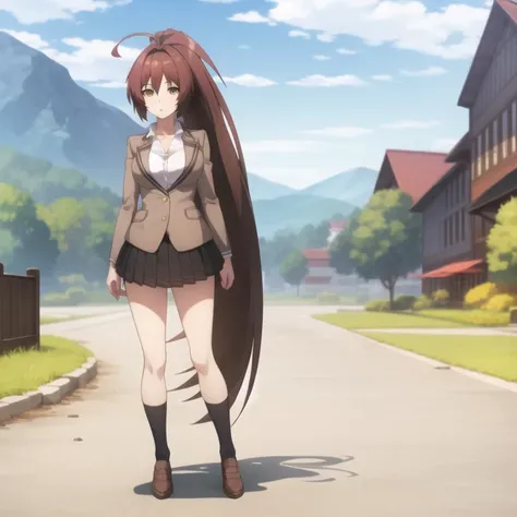 icm-rin, school uniform, yellow eyes, brown hair, ahoge, long hair, ponytail, brown eyes, collarbone, medium breasts, full body, solo, 1girl, highres, high quality, masterpiece, many details, outdoors <lora:icm-rin-000003:0.9>