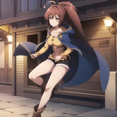 icm-rin, blue cape short shorts yellow shirt corset, yellow eyes, brown hair, ahoge, long hair, ponytail, brown eyes, collarbone, medium breasts, full body, solo, 1girl, highres, high quality, masterpiece, many details, outdoors <lora:icm-rin-000003:0.9>