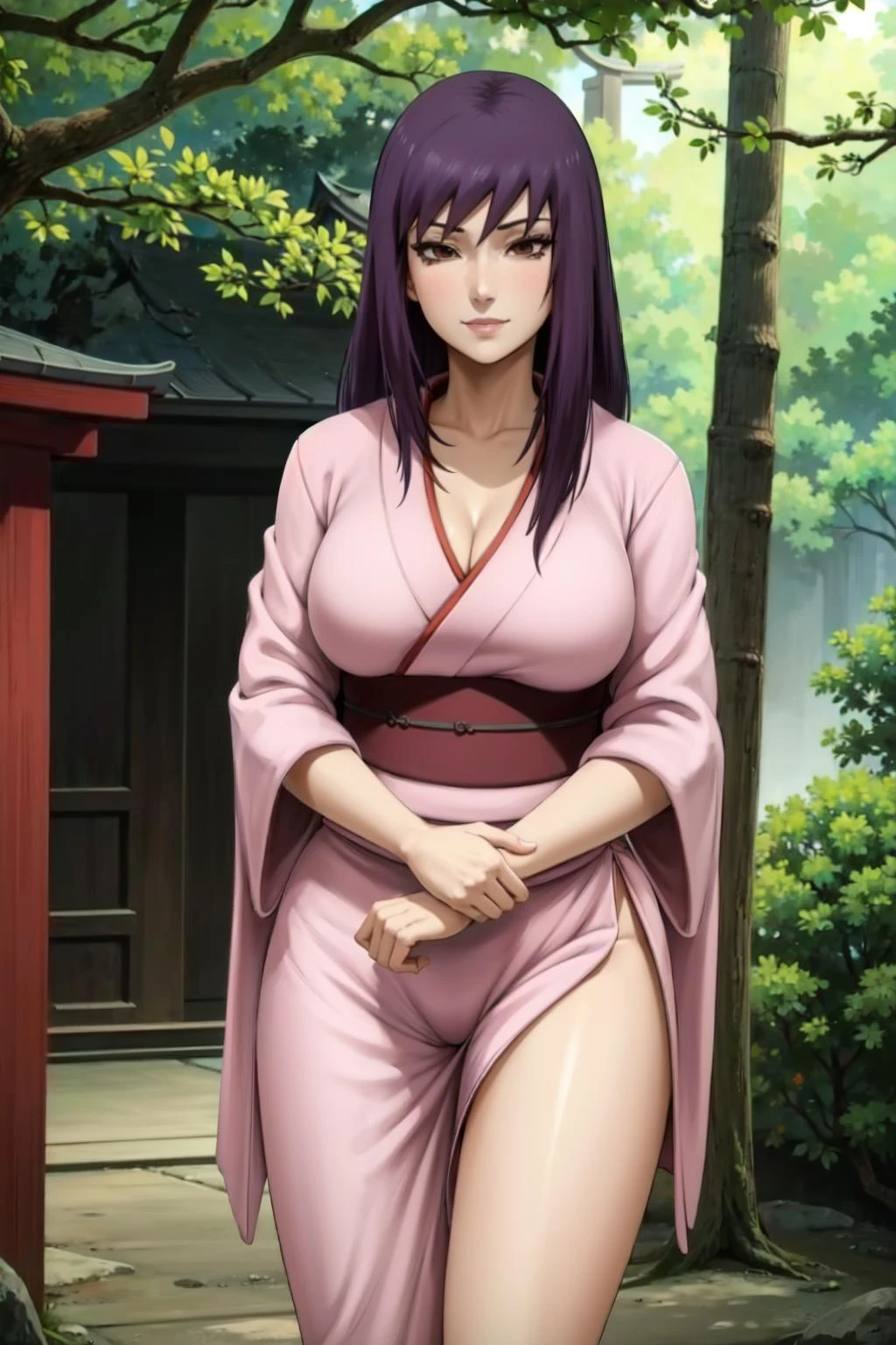 yuugao,1girl,solo,purple hair, brown eyes,long hair,sidelocks,pink kimono, japanese forest, shrine, outdoors, smile, (cleavage:0.65), (best quality, masterpiece) <lora:yugao_v0_3_prod:1>