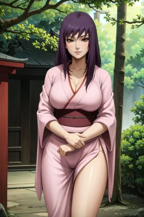 yuugao,1girl,solo,purple hair, brown eyes,long hair,sidelocks,pink kimono, japanese forest, shrine, outdoors, smile, (cleavage:0.65), (best quality, masterpiece) <lora:yugao_v0_3_prod:1>