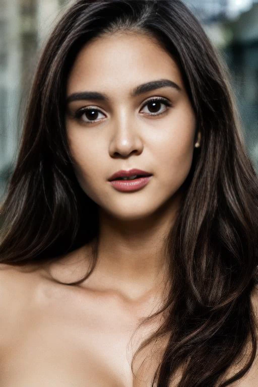 photorealistic, best quality, hyper detailed, beautiful woman, huge breasts, upper body, arms up, hands behind head, solo, ((at step and repeat banner:1.2)), (cheerful, happy), analog style, looking at viewer, eyes down left looking below, skin texture, brown skin, film grain, close up, ultra high res, best shadow, RAW, instagram LUT, <lora:add_detail:1>, (background in cyberpunk city), <lora:PerfectFullBreasts-fCV3:0.6>, <lora:eyedirectionV1.8:1>, <lora:micro_slingshot_v1:1>