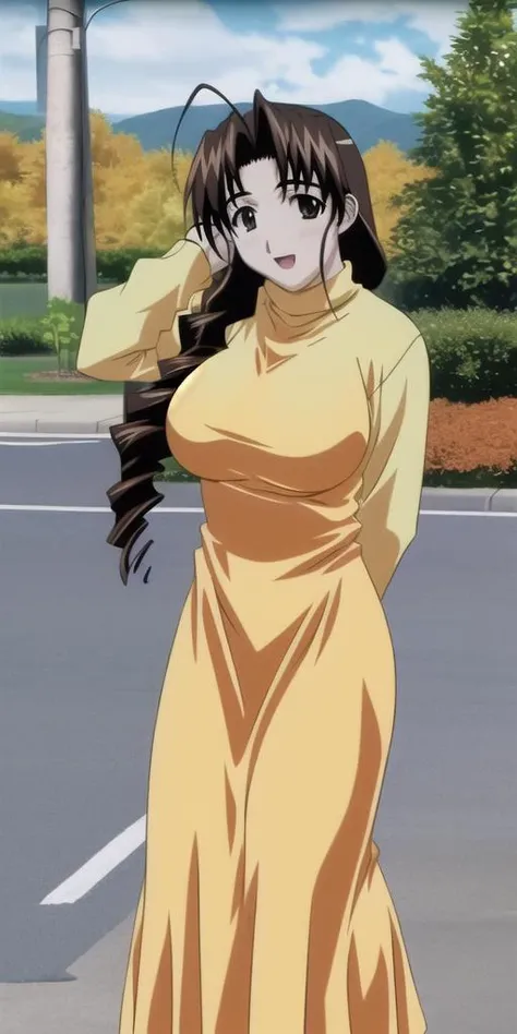 masterpiece, best_quality, highres, <lora:LHMutsumiOtohime:0.7> LHMutsumiOtohime, solo, standing, large_breasts, YellowOrangeDress, sweater