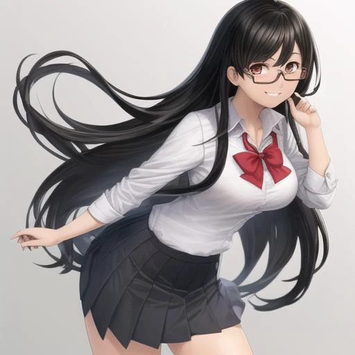 hanekawa, glasses, school uniform, looking at viewer, simple background, long hair, medium breasts, black hair, light smile,