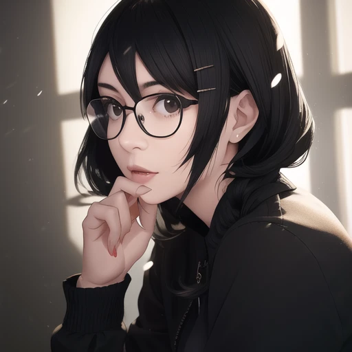 a young woman,
black haired,
glasses,
anime realistic, hyperreaistic,soft shadows, <lora:TsumasakyHanekawaTsubasa_v1:1>