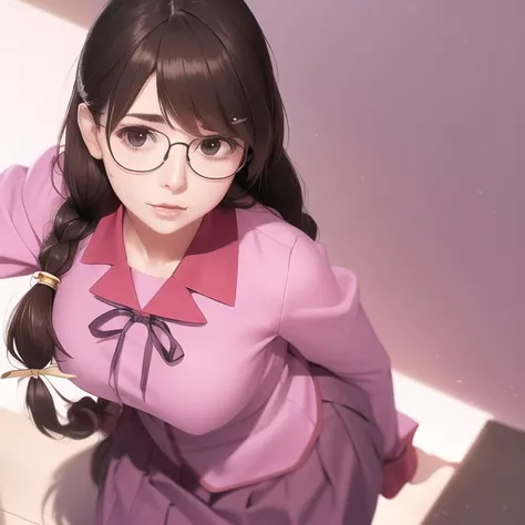 a woman,<lora:TsumasakyHanekawaTsubasa_v1:1>, closeup,
brown haired,ligtht pink school uniform,skirt,
glasses,
realistic, hyperrealistic,soft shadows,