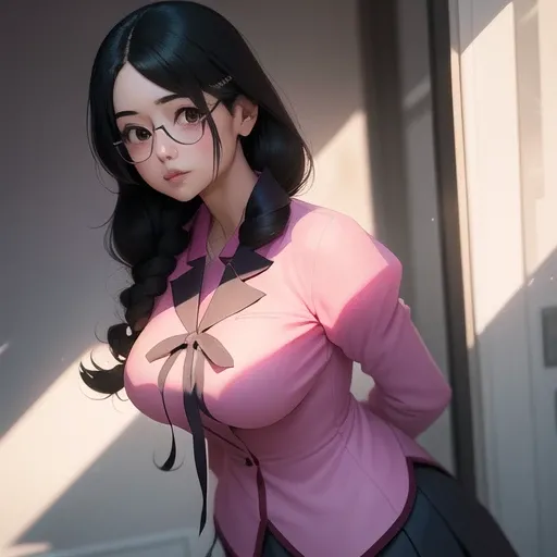 a woman,

black haired,ligtht pink school uniform,skirt,
glasses,

anime realistic, hyperreaistic,soft shadows, <lora:TsumasakyHanekawaTsubasa_v1:1>
