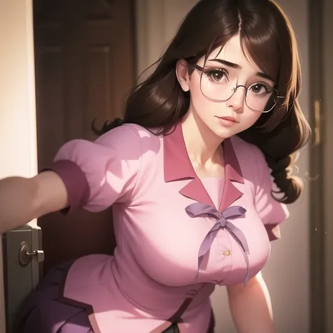 a woman,<lora:TsumasakyHanekawaTsubasa_v1:1>, closeup,
brown haired,ligtht pink school uniform,skirt,
glasses,
realistic, hyperrealistic,soft shadows,
