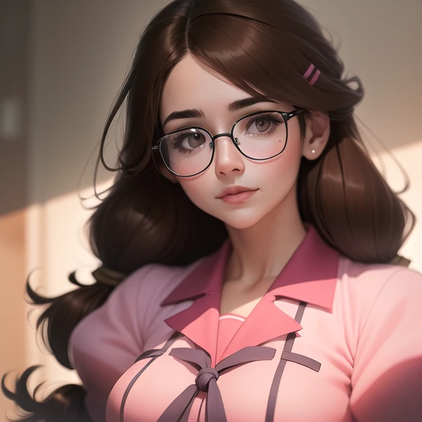 a woman,<lora:TsumasakyHanekawaTsubasa_v1:1>, closeup,
brown haired,ligtht pink school uniform,skirt,
glasses,
realistic, hyperrealistic,soft shadows,