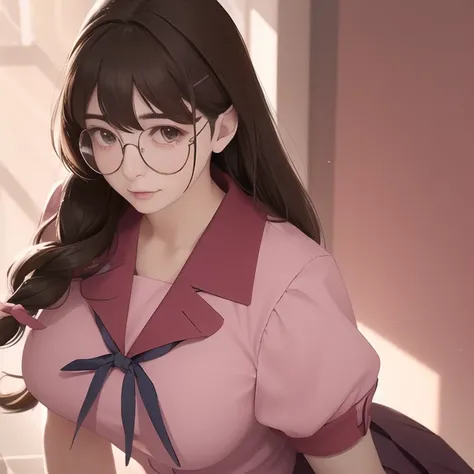 a woman,<lora:TsumasakyHanekawaTsubasa_v1:1>, closeup,
brown haired,ligtht pink school uniform,skirt,
glasses,
realistic, hyperrealistic,soft shadows,