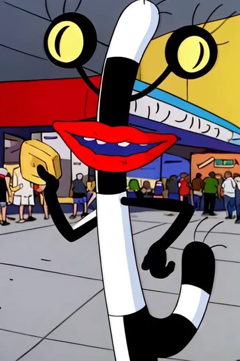 best quality, intricately detailed, <lora:o8l1n4:0.7> oblina eating fries at a crowded mall, (thin body:1.4), (cartoon character:1.1), (black and white striped skin:1.1), tail, (beautiful mouth:1.1), slit pupils, tooth gap, detailed background
