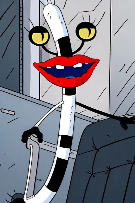 best quality, intricately detailed, <lora:o8l1n4:0.85> oblina sitting on a chair at an airplane terminal, (thin body:1.4), (cartoon character:1.1), (black and white striped skin:1.1), tail, (beautiful mouth:1.1), slit pupils, tooth gap, detailed background