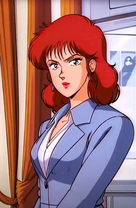 1girl, an older woman with long curly red hair, wearing an elegant suit, lipstick, earrings, deadpan business look, upper body, large shoulderpads, in a meetingroom with pink curtains <lora:DeunanKnute002:0.8>, <lora:80sv1:0.2>