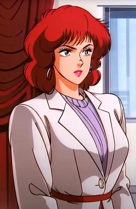 1girl, an older woman with long curly red hair, wearing an elegant suit, lipstick, earrings, deadpan business look, upper body, in a meetingroom with pink curtains <lora:DeunanKnute002:0.8>, <lora:80sv1:0.2>