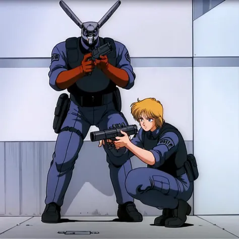 <lora:DeunanKnute002:0.7>,
DeunanKnute,1girl,
police uniform,bulletproof vest,
holding gun,squatting,
full body,
and,
Briareos,robot,police uniform,holding gun,