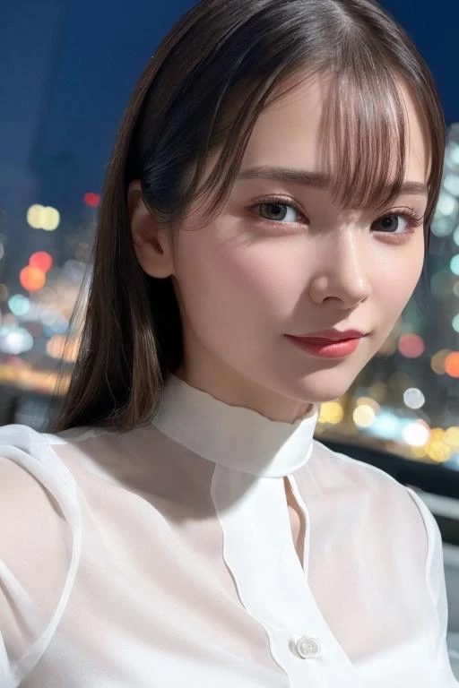 1girl,(wearing a white blouse:1.2),(RAW photo, best quality), (realistic, photo-realistic:1.4), masterpiece, an extremely delicate and beautiful, extremely detailed, 2k wallpaper, Amazing, finely detail, extremely detailed CG unity 8k wallpaper, ultra-detailed, highres, soft light, beautiful detailed girl, extremely detailed eyes and face, beautiful detailed nose, beautiful detailed eyes,cinematic lighting,city lights at night,perfect anatomy,slender body,smiling, <lora:ichinosekana_lora:0.7>