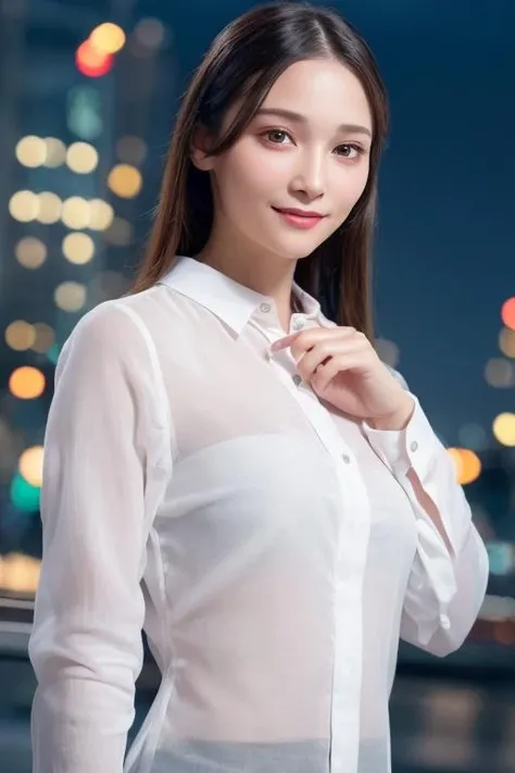 1girl,(wearing a white blouse:1.2),(RAW photo, best quality), (realistic, photo-realistic:1.4), masterpiece, an extremely delicate and beautiful, extremely detailed, 2k wallpaper, Amazing, finely detail, extremely detailed CG unity 8k wallpaper, ultra-detailed, highres, soft light, beautiful detailed girl, extremely detailed eyes and face, beautiful detailed nose, beautiful detailed eyes,cinematic lighting,city lights at night,perfect anatomy,slender body,smiling, <lora:ichinosekana_lora:0.7>