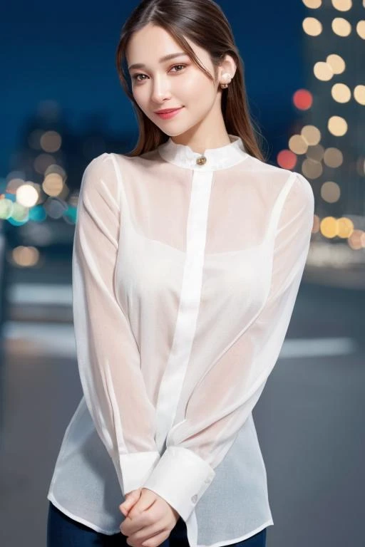 1girl,(wearing a white blouse:1.2),(RAW photo, best quality), (realistic, photo-realistic:1.4), masterpiece, an extremely delicate and beautiful, extremely detailed, 2k wallpaper, Amazing, finely detail, extremely detailed CG unity 8k wallpaper, ultra-detailed, highres, soft light, beautiful detailed girl, extremely detailed eyes and face, beautiful detailed nose, beautiful detailed eyes,cinematic lighting,city lights at night,perfect anatomy,slender body,smiling, <lora:ichinosekana_lora:0.7>