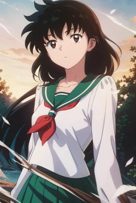 kagomehigurashi, <lora:kagome higurashi anime s4-lora-nochekaiser:1>,
kagome higurashi, long hair, (black hair:1.5), retro artstyle, (brown eyes:1.5),
BREAK skirt, shirt, long sleeves, school uniform, white shirt, pleated skirt, serafuku, sailor collar, neckerchief, green skirt, red neckerchief,
BREAK outdoors,
BREAK looking at viewer, (cowboy shot:1.5),
BREAK <lyco:GoodHands-beta2:1>, (masterpiece:1.2), best quality, high resolution, unity 8k wallpaper, (illustration:0.8), (beautiful detailed eyes:1.6), extremely detailed face, perfect lighting, extremely detailed CG, (perfect hands, perfect anatomy),