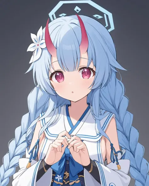 chise \(blue archive\),1girl, solo, hair_flower, white_background, simple_background, oni_horns, looking_at_viewer, japanese_clothes, detached_sleeves, braid, halo, upper_body, white_sailor_collar, :o, parted_lips, blue_bow, white_flower, wide_sleeves, obi, bridal_gauntlets
<lora:chise_(blue_archive)_image877_2023-11-26-000012:1>halo. gorgeous,key visual, vibrant, studio anime,award-winning, professional, highly detailed,high budget, cinemascope
