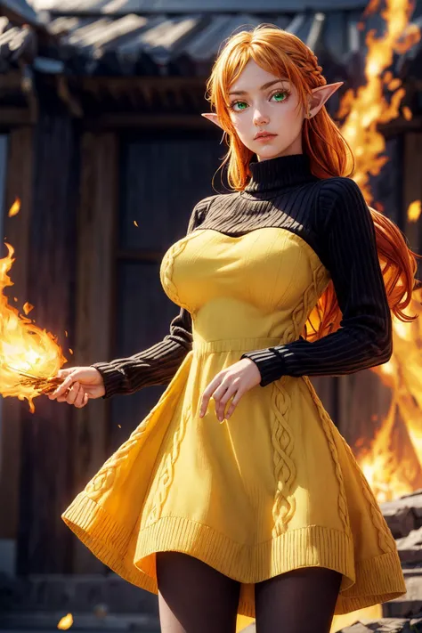 (ultra realistic,32k, masterpiece:1.2),(high detailed skin:1.1),( high quality:1.1),
<lora:tsundere elf s1-lora-nochekaiser:0.8>tsundere elf, long hair, blonde hair, (green eyes:1.1), pointy ears, elf, multicolored hair, forehead jewel,dress, (yellow dress:1.5), long sleeves, turtleneck bodysuit, pantyhose, sweater, (black sweater:1.5),,(looking at viewer, sitting, crossed legs, from above:1.1),, (huge breast,large breast,:1.2),<lora:add_detail:0.77>,
(neon pastel light:1.1), emberglow sanctum, ember-filled chambers, sacred flames, dwelling of fire elementals,  blurry background,