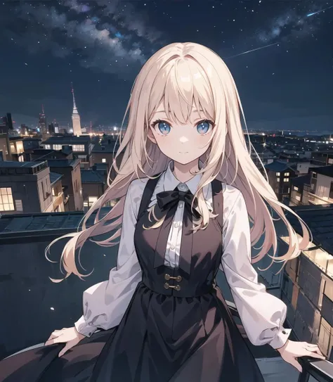 (masterpiece),(best quality), official art, (1girl, solo:1.0),perspective,
walking,looking at viewer,soft smile,
straight-on,looking at viewer,upper body, from above,symmetry,
outdoors,night sky,(night),depth of field, skyline,on roof,