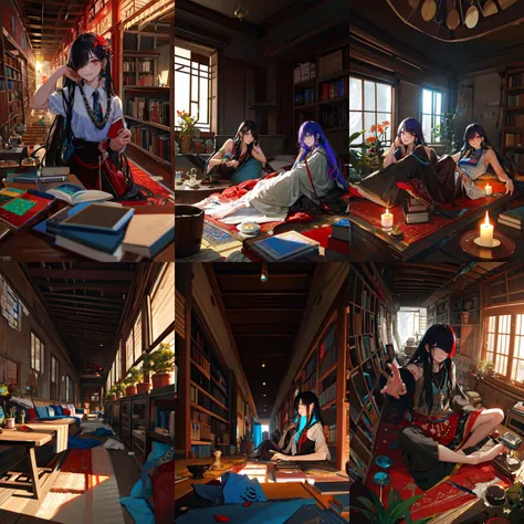 (otherworldly, otherworldly atmosphere, otherworldly appearance), highly insanely detailed, masterpiece, top quality, best quality, highres, 4k, 8k, RAW photo, Caribbean, egyptian, 
depth of field, focused, foreshortening, 
(dark tunnel, flower field, flower filed, china street), 
(long_hair, long hair), collar, earrings, 
(random colors cloth, random colors hair, random long hair), sparking lips, eyeliner, makeup, hair over one eye, 
(Adult, jav, half naked, nsfw:0.8), 
(dynamic pose), 
evening, evening room, (screen), in the background there is a bookshelf on the wall, [pots with plants], plants, candles, books on the table, dark, 
<lora:MomoGirls_v40:0.8>, 
tied shirt, 
fisheye, from below, 
(air bed, indian slums, egyptian slums:1.2), Air Mattress, 
(smiling at viewer), (fantasy world)