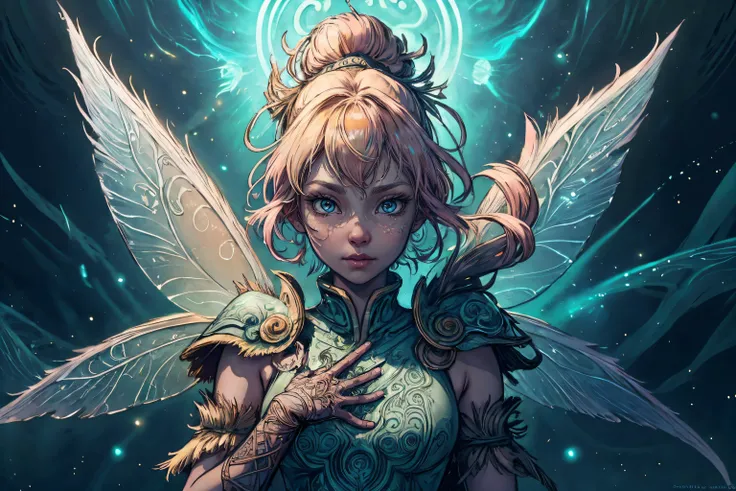 <lora:tinkerbell_character-10PROUNED:0.75>, TinkerWaifu, single hair bun,fairy wings , (style-swirlmagic:0.8), portrait, (bloody scars:0.7), looking up, solo, half shot, detailed background, (<lora:CeltPunkAI:0.5>, CeltPunkAI,  barbarian celtic theme:1.1) glowing eyes, gentle smile,    mage, casting healing spell,  hovering in air, sunshine, floating feathers, arms raised, pink cape, gloves, magic staff, divine spell, mana, bright realistic lighting, serene forest in background,   halo above head,,
<lyco:GoodHands-beta2:1.00>,