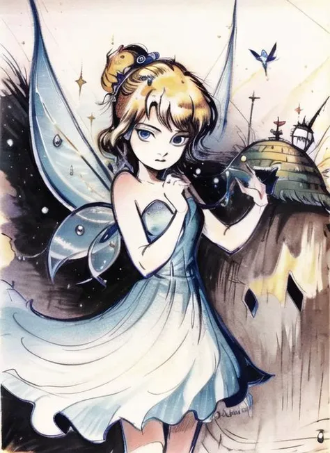 ((best quality)), ((highly detailed)), masterpiece, (detailed eyes, deep eyes), (1girl), cowboy shot, <lora:tinkerbell_character:1>, TinkerWaifu, blonde hair, blue eyes, single hair bun, fairy wings, strapless green dress, floating off the ground, sparkles, inside, in a hut, <lora:amano_yoshitaka:1.25>, amano yoshitaka, illustration, traditional media