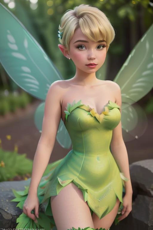picture, photography, masterpiece, 8k, canon, perfect ligthing, bloom, cinematic lighting, adult, perfect skin, female, looking at viewer, upper body, portrait, <lora:tinkerBellPeterPan_v10:0.8> , flirty, (fairy wings), wide shot, nsfw, TinkerWaifu, ((strapless green dress))
