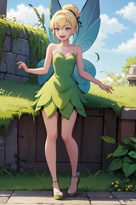 (masterpiece, best quality:1.1), 1girl, TinkerWaifu, full body, standing, single hair bun, strapless green dress, fairy wings, :D, <lora:tinkerbell_character:0.8>, <lora:Hoyoverse-Honkai3-Style-resumed-alternative:1>
