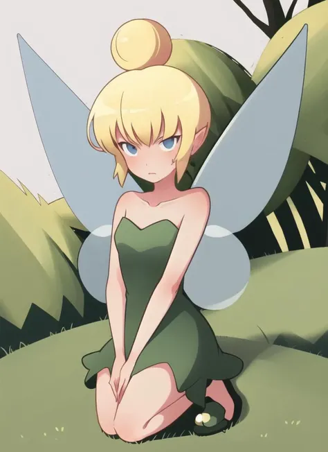 ((best quality)), ((highly detailed)), masterpiece, extremely detailed face, beautiful face, (detailed eyes, deep eyes), (1girl), full body, <lora:tinkerbell_character:.9>, TinkerWaifu, blonde hair, blue eyes, single hair bun, fairy wings, strapless green dress, sparkles, outside, in a forest, <lora:minimalistAnimeStyle_v10:.9>, anime minimalist