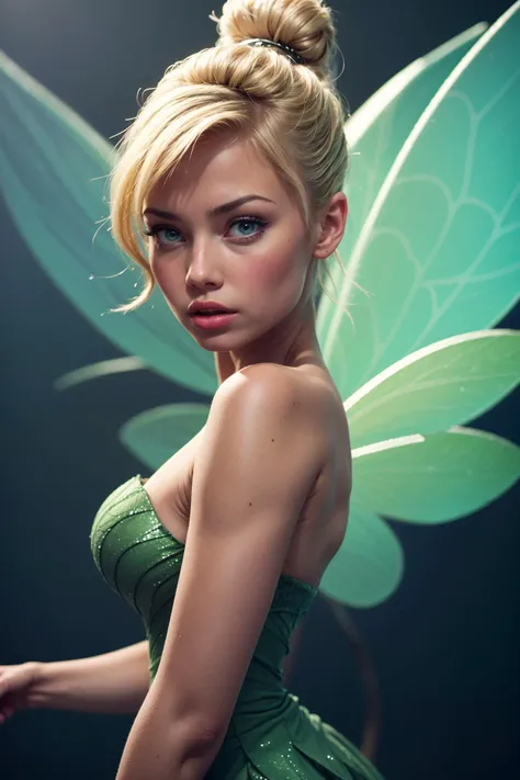 photo of a beautiful woman, (skinny:1.2), fit, detailed hair, detailed face, beautiful eyes, perfect skin,
((single hair bun, fairy wings, strapless green dress)),
(blurred dark background), (dynamic pose, dynamic angle:1.2),
erotic, elegant, sensual, seductive, (masterpiece, best quality), (photorealistic:1.4), full body, perfect illumination, (best shadow),
tinkerwaifu, <lora:tinkerbell_character:0.9>
